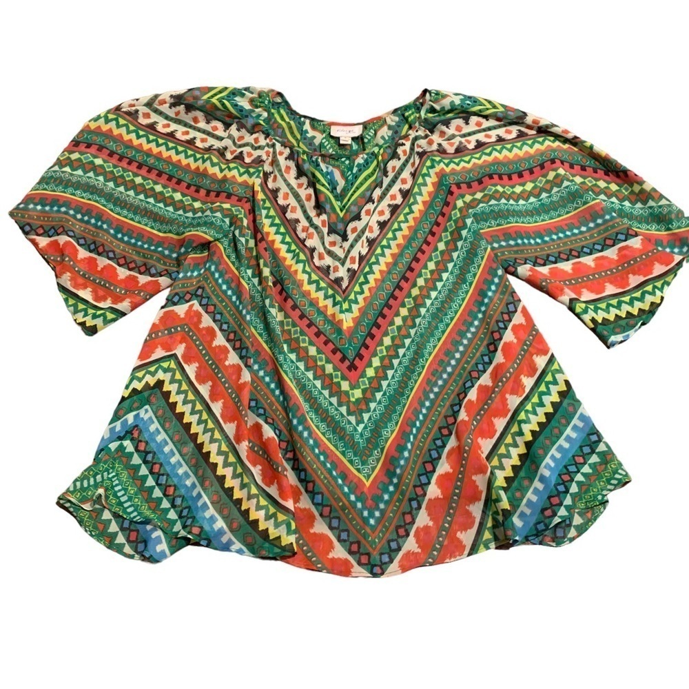 Beige by eci Women’s Boho Aztec Sheer Scoop Neck Blouse Size Small
